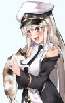  1girl :d animal azur_lane bare_shoulders benten_(ioj3446) black_jacket black_necktie cat collared_shirt commentary_request enterprise_(azur_lane) hair_between_eyes hat highres holding holding_animal holding_cat jacket long_hair necktie off_shoulder open_clothes open_jacket peaked_cap shirt simple_background smile solo upper_body violet_eyes white_background white_headwear white_shirt 