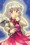  1girl bangs bird_wings bow bowtie braid breasts collared_dress commentary_request covered_mouth covering_mouth dress eyebrows_visible_through_hair feathered_wings french_braid grey_hair grey_jacket hand_over_own_mouth highres jacket kishin_sagume maa_(forsythia1729) marker_(medium) medium_breasts purple_dress red_bow red_bowtie red_eyes short_hair single_wing touhou traditional_media white_wings wings 
