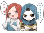  2girls :d android apex_legends ash_(titanfall_2) ashleigh_reid black_sclera blue_eyes blue_jacket brown_hair colored_sclera dual_persona fang gloves head_tilt heart hood hood_up jacket looking_to_the_side multiple_girls nagoooon_114 ojou-sama_pose open_mouth pout simulacrum_(titanfall) skin_fang smile smug speech_bubble translation_request white_gloves yellow_eyes 