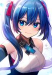  1girl bangs bare_shoulders blue_eyes blue_hair blue_theme blush breasts closed_mouth detached_sleeves hair_between_eyes hair_ribbon hatsune_miku heart highres long_hair looking_afar neck_ribbon nixtutyannh petals red_ribbon ribbon sideways_glance smile solo twintails vocaloid white_background 