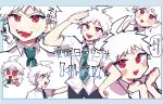  1boy :d ahoge arm_up bangs black_necktie black_pants blush blush_stickers border collared_shirt cowboy_shot danganronpa_(series) danganronpa_2:_goodbye_despair green_necktie grey_border highres hinata_hajime hinata_hajime_(awakened) looking_at_viewer male_focus necktie nongmin_(tadano_noumin) open_mouth pants pointing pointing_at_viewer red_eyes shirt short_hair short_sleeves smile spiky_hair teeth tongue translation_request white_shirt 