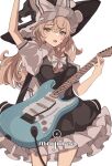  1girl arm_up black_headwear blush bow brown_hair eyebrows_visible_through_hair frills green_eyes grey_bow guitar hair_between_eyes hair_bow hat highres holding holding_instrument instrument kirisame_marisa light_brown_hair long_hair mayuree open_mouth puffy_sleeves simple_background solo touhou white_background 