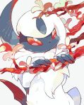 absol akadako animal_focus branch claws colored_sclera commentary_request dated_commentary flower fur_collar grey_background highres looking_up no_humans one-hour_drawing_challenge partial_commentary pink_flower pokemon pokemon_(creature) red_sclera solo white_eyes white_hair 