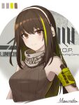  1girl armband artist_name bare_shoulders brown_eyes brown_hair color_guide girls_frontline green_hair headset highres light_smile long_hair looking_at_viewer m4a1_(girls&#039;_frontline) mausratten multicolored_hair revision ribbed_sweater scarf simple_background sleeveless solo streaked_hair sweater upper_body white_background 