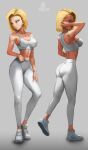  1girl absurdres android_18 ass blonde_hair blue_eyes breasts collarbone dragon_ball dragon_ball_(classic) dragon_ball_super elitenappa1 highres large_breasts midriff navel pants short_hair simple_background skin_tight solo sports_bra yoga_pants 