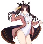  absurdres blush brown_hair covered_nipples earrings eyebrows_visible_through_hair fate/grand_order fate_(series) fur_trim highres holding hoop_earrings ishtar_(fate) jacket jewelry long_hair mayuree open_clothes open_jacket red_eyes simple_background swimsuit twintails white_background zipper zipper_pull_tab 