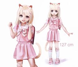  1girl absurdres animal_ear_fluff animal_ears backpack bag bandaid bandaid_on_arm bandaid_on_leg blonde_hair brown_eyes cat_ears cat_girl cat_tail child clenched_hands full_body hair_ornament hairclip hello_kitty highres kneehighs long_hair open_mouth original parfait_(hawawa) pink_footwear pink_shirt pink_skirt randoseru school_uniform serafuku shirt shoes short_sleeves skirt solo sweetonedollar tail uniform white_legwear 