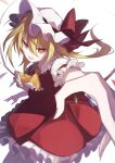  1girl absurdres bat_wings blonde_hair bow crystal flandre_scarlet hat hat_ribbon highres long_hair looking_at_viewer open_mouth puffy_sleeves red_eyes ribbon shirt short_hair short_sleeves side_ponytail skirt solo touhou user_mxtc5244 wings 