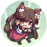 1girl :d animal_ear_fluff animal_ears bangs black_footwear blush_stickers brown_hair chibi crescent_moon dress eyebrows_visible_through_hair fang full_body green_background imaizumi_kagerou isu_(is88) long_hair long_sleeves looking_at_viewer moon open_mouth red_dress red_eyes skin_fang smile solo tail touhou two-tone_dress white_dress wolf_ears wolf_tail 