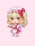  1girl ascot blonde_hair blush bow chibi crystal dessert embodiment_of_scarlet_devil fang flandre_scarlet food hat hat_ribbon long_hair looking_at_viewer medium_hair mob_cap nano_(nazuna0512) one_side_up open_mouth puffy_sleeves red_eyes red_skirt red_vest ribbon shirt short_sleeves skirt smile solo touhou vest white_shirt wings 