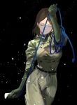  1girl belt black_background breasts brown_hair choker closed_eyes ffffcoffee gloves medium_breasts military military_uniform short_hair solo the_king_of_fighters uniform whip whip_(kof) 