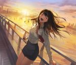  1girl :d bangs black_skirt blush breasts brown_hair cellphone cityscape closed_eyes collared_shirt floating_hair happy highres holding holding_phone long_hair long_sleeves maenoo necktie original outdoors phone red_necktie shirt skirt smartphone smile solo sunrise white_shirt 