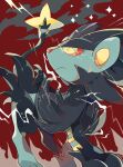  akadako animal_focus closed_mouth colored_sclera commentary_request dated_commentary electricity full_body highres looking_to_the_side looking_up luxray no_humans one-hour_drawing_challenge partial_commentary pokemon pokemon_(creature) red_background red_sclera solo sparkle standing yellow_eyes 