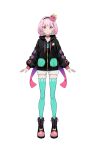  1girl absurdres ankle_boots arms_at_sides bangs black_choker black_hairband boots bow choker closed_mouth colored_inner_hair cross-laced_footwear drawstring ganba_ruuko_(vtuber) green_legwear hair_ornament hairband hairclip highres hood hood_down hooded_jacket indie_virtual_youtuber jacket lace-up_boots lam_(ramdayo) looking_at_viewer multicolored_hair octopus pink_hair red_eyes short_hair shorts simple_background smile solo standing thigh-highs third-party_source virtual_youtuber white_background white_shorts 