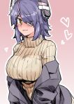  1girl absurdres blush breasts brown_eyes closed_mouth eyebrows_visible_through_hair eyepatch headgear heart highres kantai_collection large_breasts long_sleeves purple_hair ribbed_sweater short_hair solo sweater tadd_(tatd) tenryuu_(kancolle) turtleneck turtleneck_sweater upper_body 