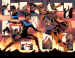  2boys batman_(series) baton_(weapon) beard black_bodysuit black_cape black_hair blood blood_from_mouth blood_on_face blood_splatter blue_bodysuit bodysuit boots burning cape clenched_teeth closed_eyes covered_abs dc_comics deathstroke dick_grayson domino_mask dual_wielding duel eyepatch face_punch facial_hair fighting_stance fire gloves grey_hair highres holding holding_weapon holster in_the_face injury kicking looking_at_another mask mature_male multiple_boys multiple_views muscular muscular_male nightwing one_eye_covered open_mouth orange_gloves punching sampere_art short_hair superhero teeth thigh_holster torn_bodysuit torn_clothes two-tone_bodysuit weapon 