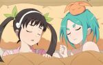  2girls bed blanket blue_hair brown_hair closed_eyes cuddling green_ribbon hachikuji_mayoi hair_ribbon hat headband long_hair lying monogatari_(series) multiple_girls non-web_source on_back on_bed on_side ononoki_yotsugi pajamas pillow ribbon sleeping twintails under_covers 