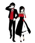  1boy 1girl :d aaniko arm_behind_head belt_buckle belt_chain black_footwear black_hair black_pants blush buckle closed_eyes closed_mouth commentary couple dress dress_flower flats flower flower_ornament hair_ornament hairclip hand_on_belt hand_to_own_mouth hetero highres kagerou_project kisaragi_shintarou lace lace_dress laughing looking_to_the_side neck_ribbon off-shoulder_dress off_shoulder open_mouth pants red_flower red_rose red_shirt ribbon rose shirt shoe_flower sketch smile symbol-only_commentary tateyama_ayano wavy_mouth white_ribbon 