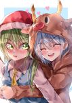  2girls absurdres animal_costume blue_background blue_hair blue_nails cirno closed_eyes collared_shirt commentary_request daiyousei eyebrows_visible_through_hair fairy_wings green_eyes green_hair hair_between_eyes hat heart highres hug hug_from_behind long_sleeves maboroshi_mochi multiple_girls nail_polish open_mouth red_headwear reindeer_costume santa_hat shirt simple_background teeth touhou upper_body upper_teeth white_shirt wings 