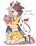  1girl animal_ears animal_print black_hair commentary_request cow_ears cow_girl cow_horns cow_print cow_tail crop_top dated frilled_shorts frills grey_hair haori highres horns japanese_clothes midriff multicolored_hair navel ougi_hina red_eyes red_horns red_tail sandals shorts signature simple_background split-color_hair statue tail tank_top touhou two-tone_hair ushizaki_urumi white_background yellow_shorts yellow_tank_top 