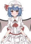  1girl ascot bangs bat_wings blue_hair center_frills closed_mouth collared_shirt eyebrows_visible_through_hair frills hat hat_ribbon highres looking_at_viewer mob_cap ramiki red_ascot red_eyes red_ribbon remilia_scarlet ribbon shirt short_hair short_sleeves simple_background smile solo touhou upper_body white_background white_headwear white_shirt wings wrist_cuffs 