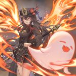  1girl :d arepko bangs black_hair black_headwear black_shorts bug butterfly chinese_clothes commentary_request eyebrows_visible_through_hair fire genshin_impact ghost hair_between_eyes hat hat_feather hat_ornament highres holding holding_polearm holding_weapon hu_tao_(genshin_impact) long_hair long_sleeves looking_at_viewer orange_eyes parted_lips polearm short_shorts shorts sidelocks smile staff_of_homa_(genshin_impact) symbol-shaped_pupils twintails weapon 