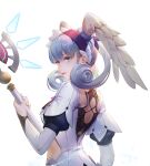  1girl absurdres bangs blue_eyes blue_hair closed_mouth curly_hair feathers from_behind hairband hand_up head_wings highres holding holding_staff looking_away medium_hair melia_antiqua puffy_sleeves q18607 solo staff upper_body white_background xenoblade_chronicles xenoblade_chronicles_(series) 