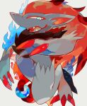  1other absurdly_long_hair akadako animal_ears arm_up black_fur black_hair blue_eyes blue_fire body_fur claws colored_tips commentary_request dated_commentary fangs fire fur_collar furry grey_background grey_fur half-closed_eyes happy highres long_hair looking_at_viewer multicolored_hair one-hour_drawing_challenge open_mouth partial_commentary pokemon pokemon_(creature) redhead simple_background slit_pupils smile snout solo two-tone_fur two-tone_hair very_long_hair wolf_ears zoroark 