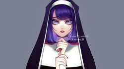  1girl arms_up bangs black_nails grey_background habit highres kamato_il looking_at_viewer medium_hair nun original parted_lips portrait purple_hair shadow simple_background solo violet_eyes 