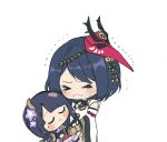  &gt;_&lt; 2girls 5rwpvc black_hair blush chibi closed_eyes figure flower genshin_impact hair_flower hair_ornament highres holding holding_sword holding_weapon japanese_clothes kimono kujou_sara mask mask_on_head multiple_girls purple_hair raiden_shogun sad short_hair simple_background sweatdrop sword tears tengu_mask trembling weapon white_background wide_sleeves 