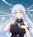  1girl 7t absurdres bangs bare_shoulders black_sweater blue_background breasts closed_mouth earrings highres honkai_(series) honkai_impact_3rd jewelry kiana_kaslana kiana_kaslana_(herrscher_of_the_void) long_hair looking_at_viewer ribbed_sweater smile snowflakes solo sweater white_hair yellow_eyes 