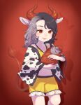  1girl an-chan_(ananna0315) animal_ears animal_print black_hair commentary_request cow_ears cow_horns cow_print cow_tail cowboy_shot crop_top frilled_shorts frills grey_hair haori highres horns japanese_clothes lips medium_hair multicolored_hair navel red_background red_eyes red_horns red_tail shorts split-color_hair stomach tail touhou two-tone_hair ushizaki_urumi yellow_shorts 