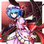  1girl ascot bangs bat_wings blue_hair border bow eyebrows_visible_through_hair hat hat_ribbon highres holding holding_weapon hurin_raika looking_at_viewer mob_cap open_mouth outside_border pink_headwear pink_shirt red_ascot red_bow red_eyes red_ribbon remilia_scarlet ribbon shirt short_hair short_sleeves solo spear_the_gungnir touhou v-shaped_eyebrows weapon white_border wings wrist_cuffs 