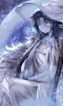  1girl absurdres blue_eyes blue_hair blue_skin cape collarbone colored_skin dress elden_ring extra_arms fur_cape hat highres long_hair looking_at_viewer one_eye_closed ranni_the_witch sitting solo white_dress white_headwear witch_hat ytki0 