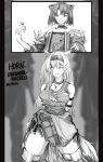  2girls absurdres animal_ears arknights arms_behind_back bare_shoulders breasts cat_ears character_name chinese_commentary choker commentary_request cowboy_shot dress greyscale hairband highres horn_(arknights) long_hair mandragora_(arknights) medium_breasts monochrome multiple_girls off-shoulder_dress off_shoulder pillarboxed short_hair standing tank_top thigh-highs thighs upper_body wolf_ears zarathuta 