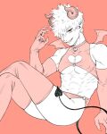  1boy abs bakugou_katsuki biceps boku_no_hero_academia choker cleavage_cutout clothing_cutout crop_top crossed_legs demon_boy demon_horns demon_tail demon_wings elbow_gloves fingernails gloves hair_over_one_eye heart heart_choker heart_cutout highres horns krbk_2g limited_palette long_fingernails looking_at_viewer male_focus mini_wings muscular muscular_male nipples obliques pectorals pointy_ears red_eyes red_theme sharp_fingernails short_hair smile solo tail thigh-highs thighs wings 