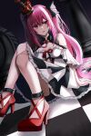  1girl bangs bare_shoulders belt chessboard crown eyebrows_behind_hair eyebrows_visible_through_hair floor high_heels highres long_hair looking_at_viewer nicky_w open_mouth original red_eyes redhead sitting skirt solo twintails 