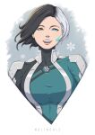  1girl black_eyes black_hair blue_eyes breasts headset heterochromia highres large_breasts looking_at_viewer luna_snow marvel marvel_future_fight multicolored_hair nalindale open_mouth portrait short_hair smile snowflakes solo two-tone_hair white_hair 