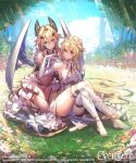  2girls absurdres artist_name bangs blonde_hair braid breasts company_name copyright copyright_name dress elbow_gloves evertale feathered_wings fingerless_gloves flower foliage gloves hair_between_eyes hair_flower hair_ornament halter_dress halterneck hand_on_another&#039;s_shoulder hands_up highres jeanne_d&#039;arc_(evertale) kakage large_breasts light_rays long_hair looking_at_viewer mikaela_(evertale) multiple_girls nature no_shoes official_art outdoors pelvic_curtain thigh-highs tree violet_eyes watermark white_gloves white_legwear white_wings wings 