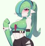  1girl alternate_hair_length alternate_hairstyle arm_behind_back arm_blade bare_shoulders black_skirt blue_hair blush breasts clenched_hand closed_mouth clothing_cutout colored_skin commentary_request covered_collarbone crop_top drunkoak elbow_gloves embarrassed english_commentary eyebrows_visible_through_hair gallade genderswap genderswap_(mtf) gloves green_background green_gloves green_hair green_shirt green_theme hair_over_one_eye hair_tie half-closed_eyes hand_up highres korean_commentary long_hair looking_at_viewer medium_breasts midriff mixed-language_commentary mohawk navel nose_blush o-ring o-ring_top one_eye_covered partial_commentary poke_ball_symbol pokemon pokemon_(creature) ponytail red_eyes shiny shiny_hair shirt simple_background skindentation skirt sleeveless sleeveless_shirt solo stomach toned weapon white_skin wide_hips 