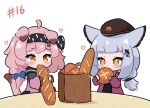  2girls ahoge animal_ears arknights bag baguette bangs beret black_hairband black_shirt blue_bow blush bow braid bread brown_eyes brown_headwear cat_ears cat_girl cat_tail chibi commentary eating english_commentary eyebrows_visible_through_hair food goldenglow_(arknights) grey_hair grocery_bag hair_bow hairband hat heart holding holding_food jacket kurotofu lightning_bolt_symbol long_hair long_sleeves multiple_girls open_clothes open_jacket paper_bag pink_hair pink_jacket ptilopsis_(arknights) ptilopsis_(serenity)_(arknights) puffy_long_sleeves puffy_sleeves purple_jacket shirt shopping_bag simple_background single_braid sleeves_past_wrists table tail upper_body white_background 