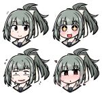  +_+ 1girl brown_hair commentary_request cyama_land expressions grey_hair grey_sailor_collar hair_ribbon heart heart-shaped_pupils heavy_breathing kantai_collection looking_at_viewer ponytail ribbon sailor_collar simple_background solo sweat sweating_profusely symbol-shaped_pupils white_background yuubari_(kancolle) yuubari_kai_ni_(kancolle) 