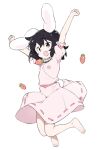  1girl animal_ears barefoot black_hair carrot_necklace dress eyebrows_visible_through_hair fang full_body highres inaba_tewi kt_kkz looking_at_viewer open_mouth pink_dress rabbit_ears rabbit_tail red_eyes ribbon-trimmed_skirt ribbon_trim short_hair short_sleeves simple_background skin_fang solo tail touhou white_background 