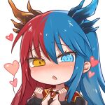  1girl bangs blue_eyes blue_hair blue_horns blush bow bowtie breasts bright_pupils chibi clenched_hands dragon_girl dragon_horns eyebrows_visible_through_hair hands_up heart heterochromia horns inferna_dragnis long_hair long_sleeves lovestruck monster_girl multicolored_hair non-web_source open_mouth orange_eyes original puffy_sleeves red_horns redhead solo split-color_hair symbol-shaped_pupils two-tone_hair usagi1923 white_background white_pupils 