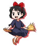  1girl black_dress black_hair bow broom broom_riding dated dress full_body hair_bow hairband hiru_made_ne-tarou kiki_(majo_no_takkyuubin) majo_no_takkyuubin open_mouth red_bow short_hair simple_background smile solo white_background 