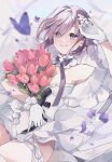  1girl absurdres alternate_costume bare_shoulders bouquet bug butterfly closed_mouth commentary_request detached_collar dress eyebrows_visible_through_hair eyes_visible_through_hair fate/grand_order fate_(series) flower gloves hair_flower hair_ornament hair_over_one_eye highres holding holding_bouquet light_purple_hair looking_away mash_kyrielight mash_kyrielight_(fgo_orchestra) misaki346 official_alternate_costume petals purple_butterfly purple_flower rose short_hair signature smile solo violet_eyes white_dress white_flower white_gloves 