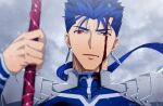  1boy akujiki59 armor artist_name blood blood_on_face blue_hair bodysuit close-up clouds cloudy_sky cu_chulainn_(fate) cu_chulainn_(fate/stay_night) dust ear_piercing earrings fate/stay_night fate_(series) frown injury jewelry lance long_hair looking_at_viewer male_focus open_mouth piercing polearm red_eyes shoulder_armor shoulder_pads sky slit_pupils snow solo spiky_hair stud_earrings tongue twitter_username weapon winter 