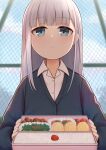  1girl absurdres aharen-san_wa_hakarenai aharen_reina atorie bangs bento blue_cardigan blue_eyes blunt_bangs blurry blurry_background cardigan closed_mouth collared_shirt commentary_request eyebrows_visible_through_hair food highres holding_bento long_hair looking_at_viewer outdoors rice school_uniform shirt sidelocks silver_hair solo upper_body white_shirt 