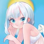 1girl angel angel_wings bangs bare_shoulders blue_eyes blunt_bangs blush commentary dress eyebrows_visible_through_hair feathered_wings head_rest highres kaede_(shijie_heping) looking_at_viewer original sketch sleeveless sleeveless_dress smile solo two-tone_background upper_body white_hair wings 