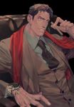  1boy cigar coat collared_shirt commentary_request formal highres holding lapel long_sleeves male_focus mature_male necktie original reisei_zero shirt short_hair smile solo 
